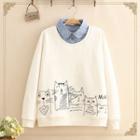 Inset Denim Shirt Cat Print Fleece-lined Sweatshirt