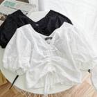 Elbow-sleeve Drawstring Lace Blouse