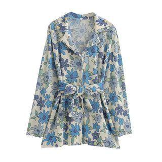 Long-sleeve Collar Floral Tie-waist Shirt