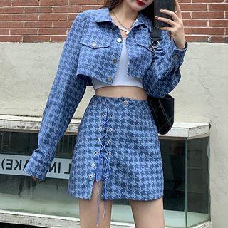 Houndstooth Lace Up Mini Skirt / Houndstooth Cropped Jacket