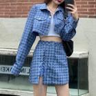 Houndstooth Lace Up Mini Skirt / Houndstooth Cropped Jacket
