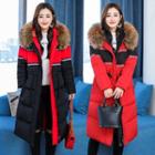 Crane Embroidered Furry-trim Hooded Padded Parka
