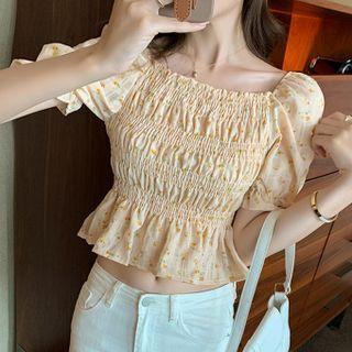 Puff-sleeve Shirred Floral Chiffon Blouse