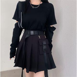 Cut-out Long-sleeve T-shirt / Mini Pleated Skirt