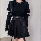 Cut-out Long-sleeve T-shirt / Mini Pleated Skirt