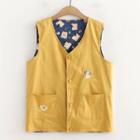 V-neck Embroidered Printed Double-pocket Vest Yellow - One Size