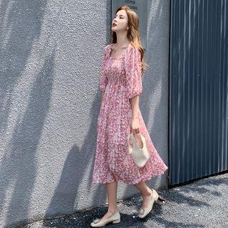 Floral Elbow Sleeve Square Neck Chiffon Dress