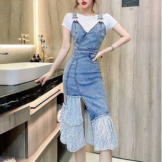 Set: Floral Panel Denim Midi Overall Dress + T-shirt
