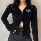 Lettering Embroidered Velvet Button Jacket