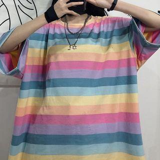 Elbow-sleeve Color Block Striped T-shirt Stripes - Pink & Yellow & Blue & Purple - One Size