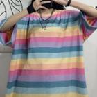 Elbow-sleeve Color Block Striped T-shirt Stripes - Pink & Yellow & Blue & Purple - One Size