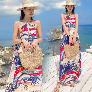Printed Open-back Maxi Sundress As Shown In Figure - One Size