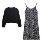 V-neck Plain Button-up Knit Cardigan / Floral A-line Dress