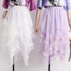 Lace-trim Asymmetric Mesh Skirt