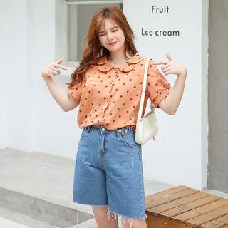 Short-sleeve Strawberry Print Buttoned Blouse