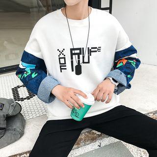 Printed Denim Panel Pullover