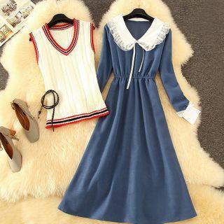 Set: Sweater Vest + Long-sleeve Corduroy Dress