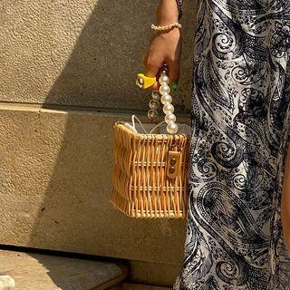 Faux-pearl Rattan Box Crossbody Bag Beige - One Size