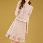 Set: Flower Detail Short-sleeve Chiffon Blouse + A-line Skirt