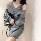 Set: Spaghetti-strap Sheath Dress + V-neck Sweatshirt Set Of 2 - Dress & Sweatshirt - Gray - One Size