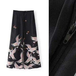 Crane Print Wide Leg Pants