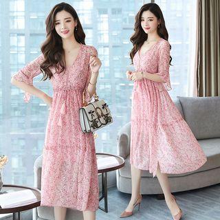 Set: Tasseled Elbow Sleeve Chiffon Dress + Slipdress