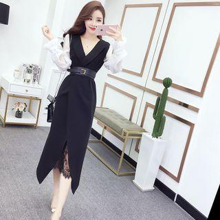 Set: Long-sleeve Ruffed Cuff Midi Sheath Dress With Belt / Lace Panel Midi A-line Dress