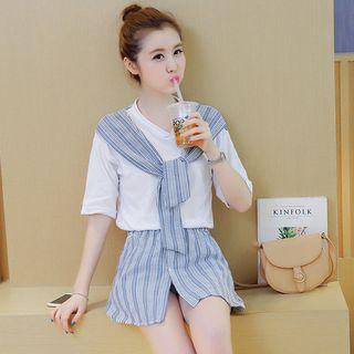 Set: Mock Two-piece Elbow-sleeve T-shirt + Striped Mini Skirt