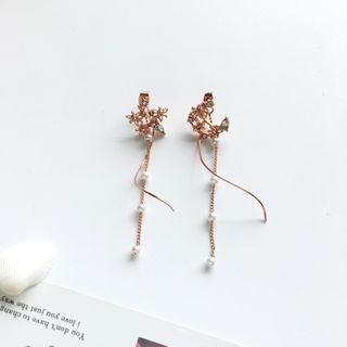 Non-matching Rhinestone Faux Pearl Dangle Earring 1 Pair - S925 Silver Stud Earrings - Rose Gold - One Size