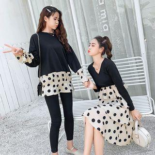 Dotted Panel Long Sweatshirt / V-neck Dotted Panel Layer Midi Dress