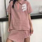 Short-sleeve Plaid Collared Top / A-line Mini Skirt