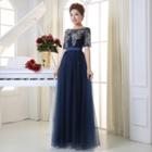 Sequined Short-sleeve A-line Evening Gown