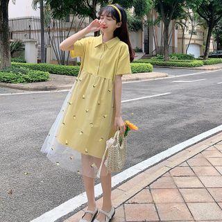 Elbow-sleeve Mesh Overlay Midi A-line Shirtdress
