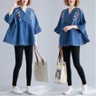 Short-sleeve V-neck Embroidered Denim Top Blue - One Size