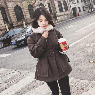 Faux Fur Collar Zip Jacket With Belt