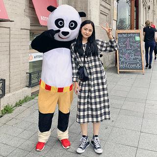 Button-placket Midi Plaid Dress