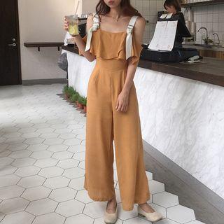 Off-shoulder Ruffled-trim Linen Jumpsuit