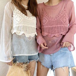 Set: Long-sleeve Chiffon Top + Crochet Camisole Top
