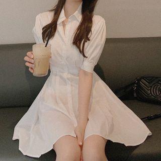 Short-sleeve Plain Mini A-line Shirt Dress