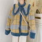 Furry Trim Houndstooth Buttoned Jacket Yellow & Blue - One Size