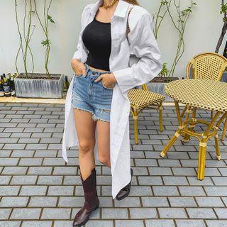 Padded-shoulder Long Shirtdress With Sash