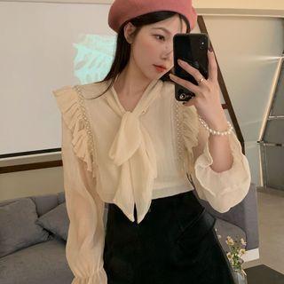 Tie-neck Ruffled Beaded Detail Blouse