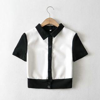 Short-sleeve Two-tone Collared Knit Top