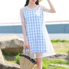 Set: Short-sleeve Mini Sheer Dress + Spaghetti Strap Plaid Mini Dress
