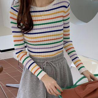 Long-sleeve Round Neck Striped Elastic Knit Top