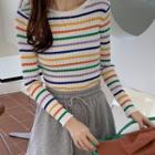 Long-sleeve Round Neck Striped Elastic Knit Top