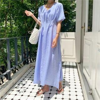 Pintuck-detail Gingham Dress Blue - One Size