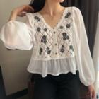 Long-sleeve Floral Embroidered Panel Chiffon Top