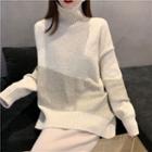 Mock Turtleneck Color Block Sweater As Shown In Figure - One Size
