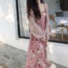 Plain Puff-sleeve Cardigan / Floral Sleeveless Dress